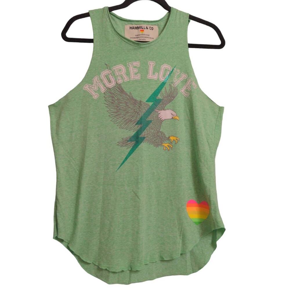 Hammill & Co Womens More Love Tank Top Green Graphic Sleeveless Round Hem M